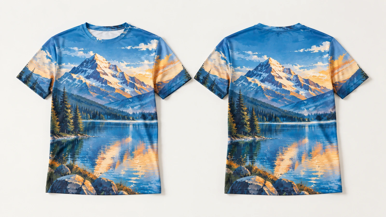 Vistas frontal y trasera de una camiseta azul de impresión total con montañas y lago