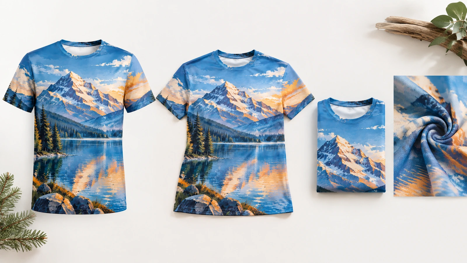 Dos camisetas estampadas expuestas junto a una camiseta doblada y un primer plano de la tela