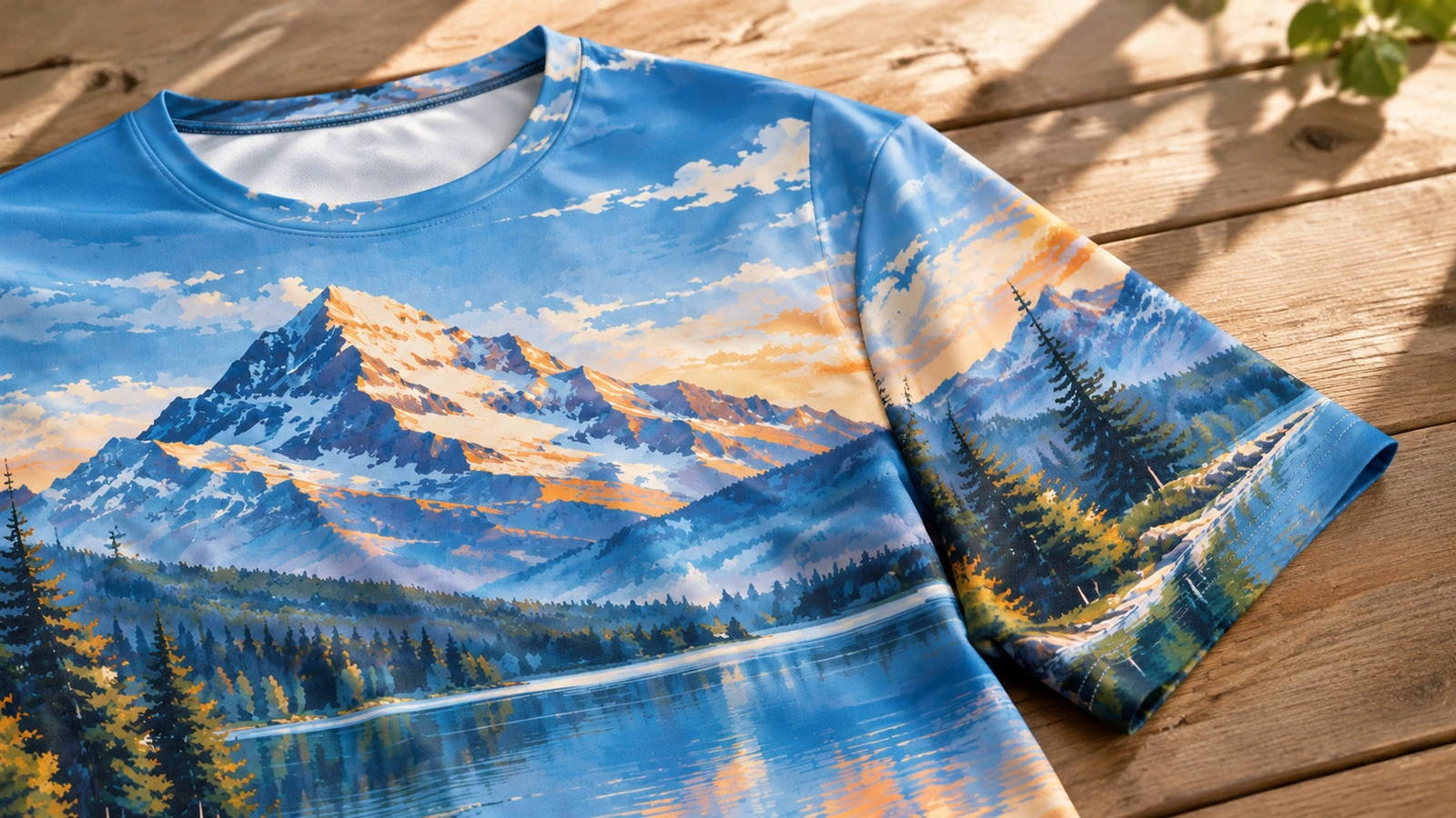 Camiseta estampada con montañas y lago sobre una superficie de madera