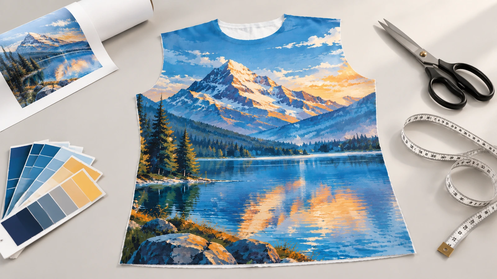 Panel de tela estampada con montañas y lago junto a tijeras, una cinta métrica y muestras de color