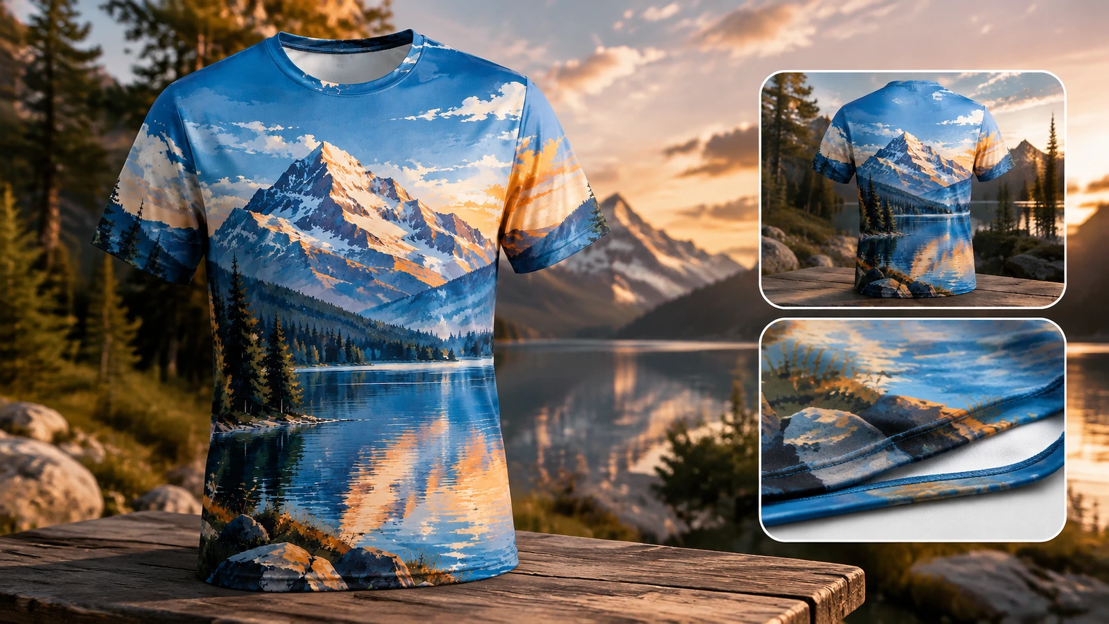 Camiseta de estampado de montañas al aire libre con vistas insertadas de la espalda y el dobladillo