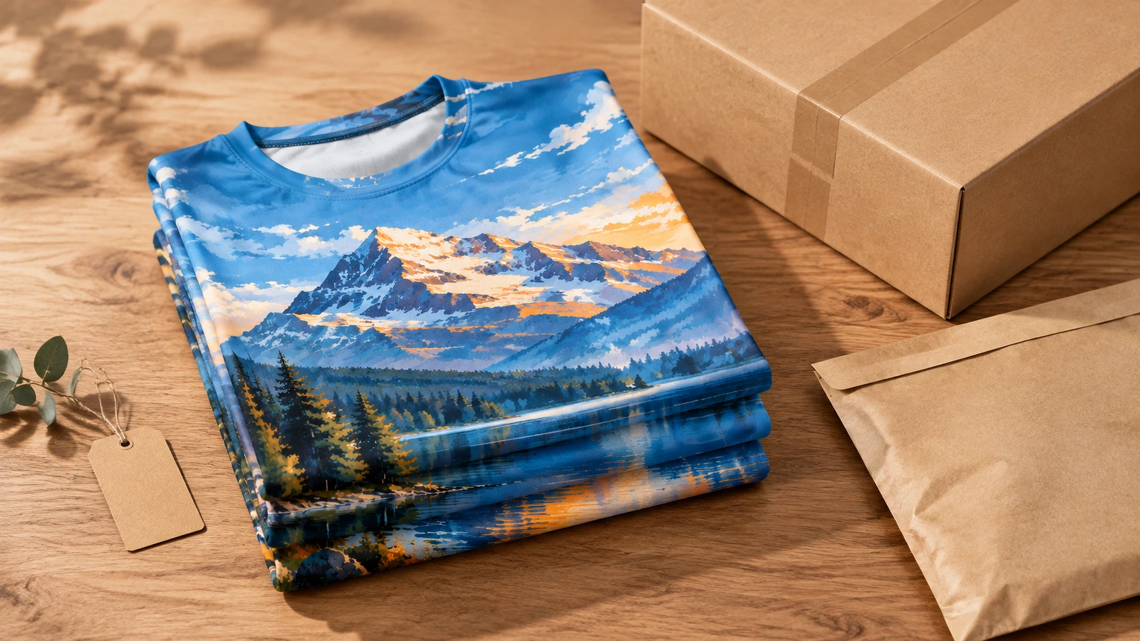Camisetas de impresión total dobladas junto a una caja de cartón y un sobre kraft