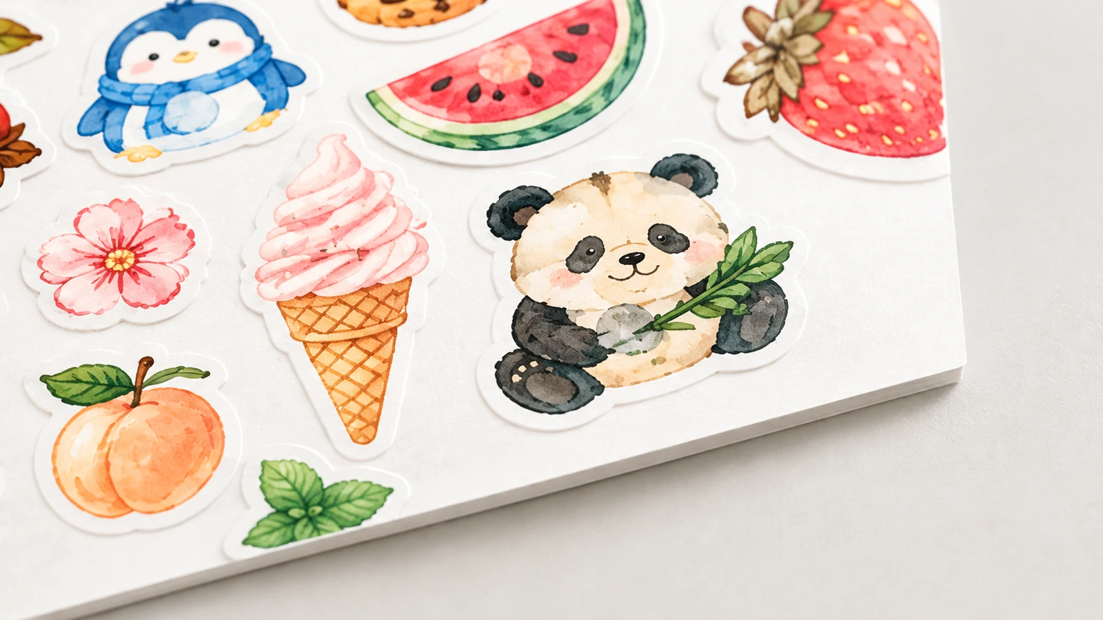 Primer plano de una hoja de pegatinas con ilustraciones de panda, helado, frutas y flores, y bordes cortados