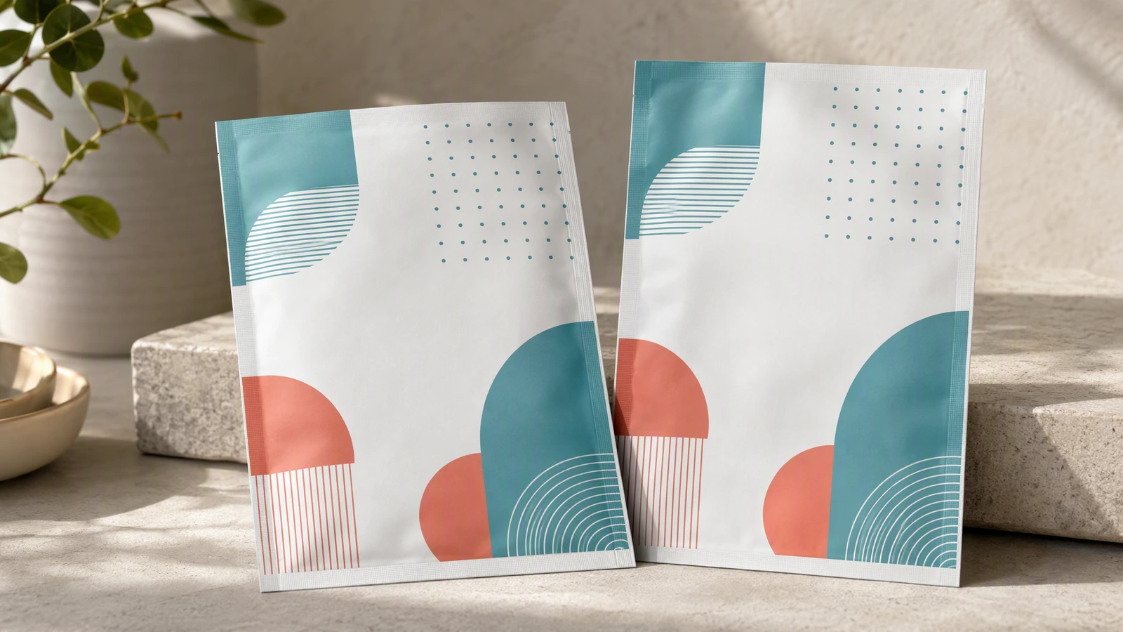 Exhibición de bolsas impresas Dos bolsas con estampado geométrico expuestas sobre un fondo claro texturizado