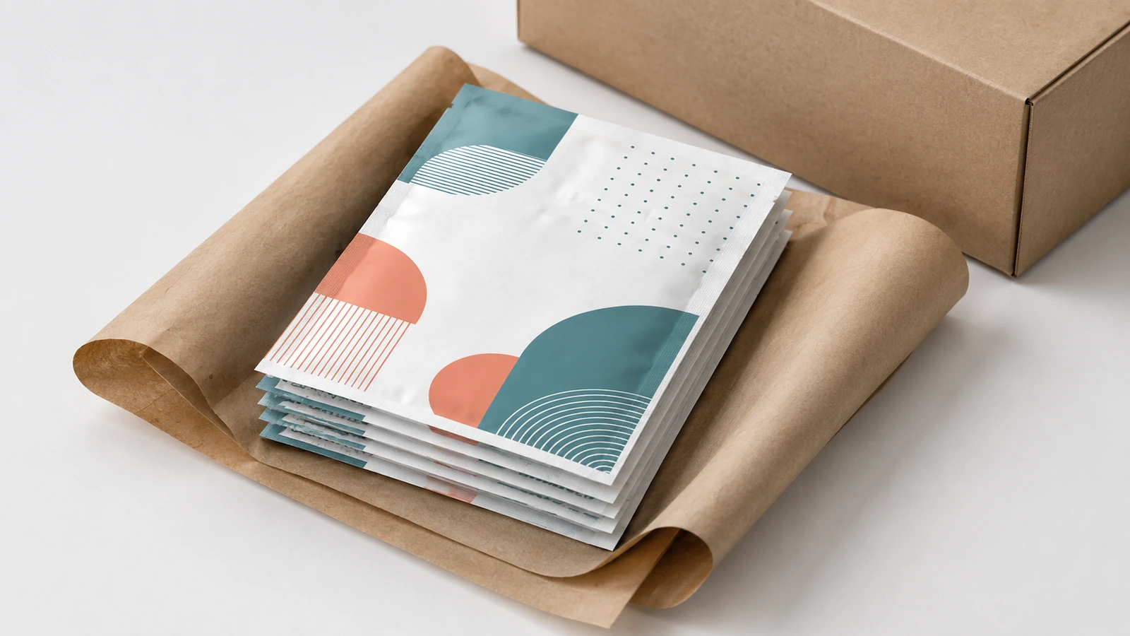 Bolsas impresas y papel de embalaje Pila de bolsas planas impresas apoyadas sobre papel kraft junto a una caja de cartón
