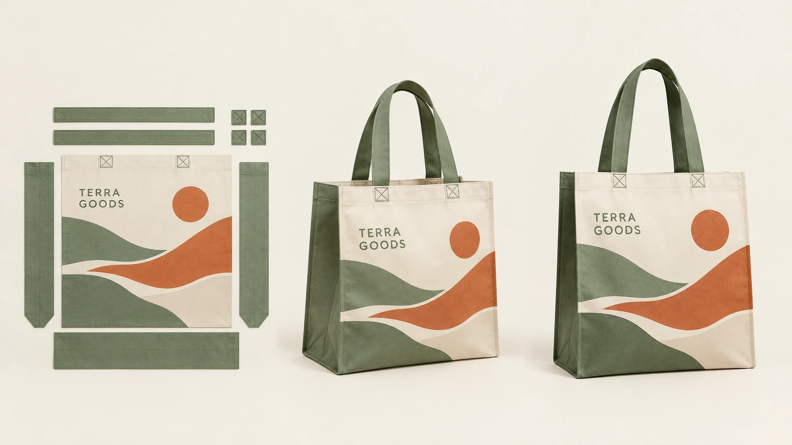 Piezas ilustradas del patrón de bolsa tote junto a dos bolsas terminadas con estampado de paisaje