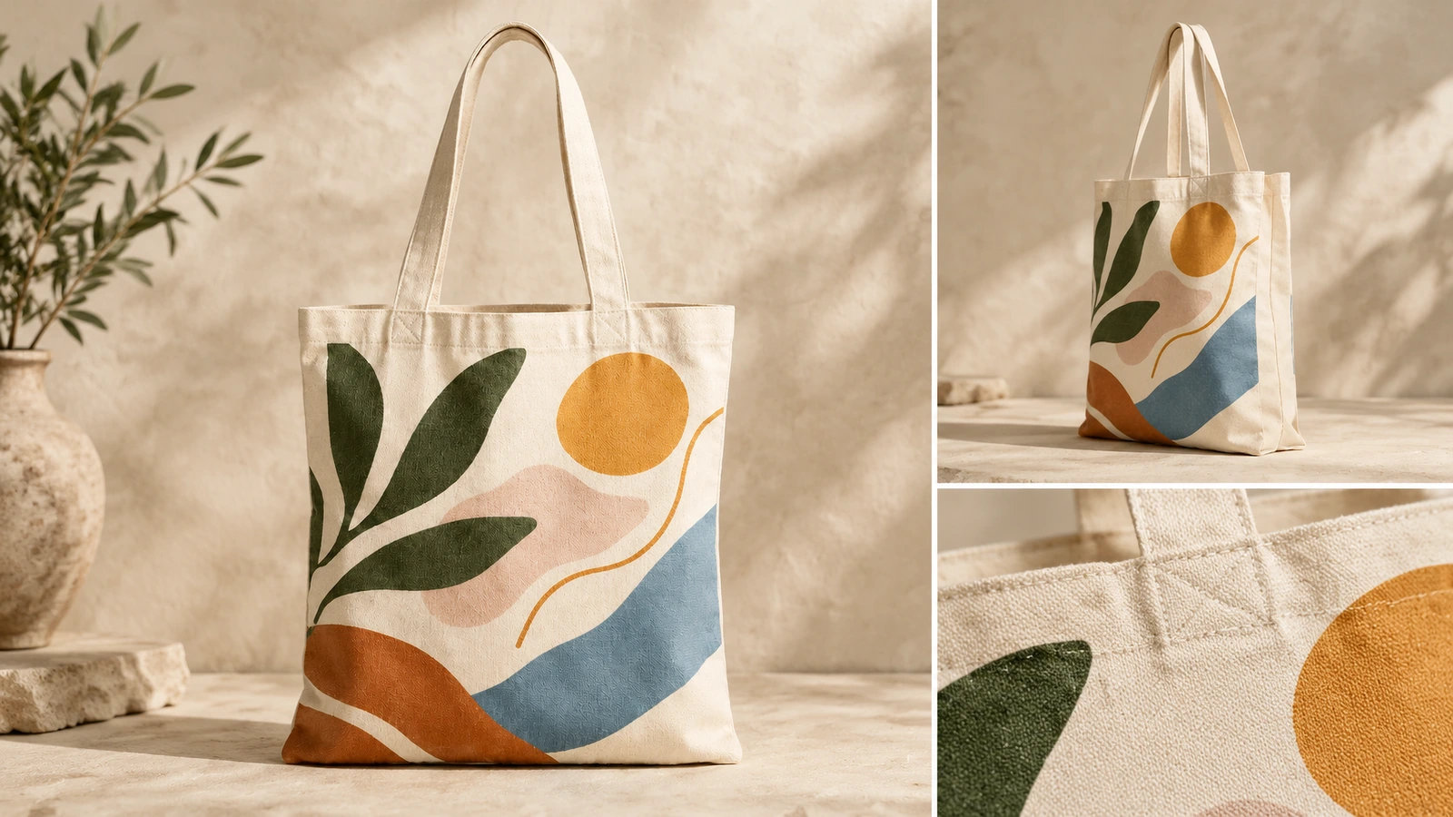 Collage que muestra una bolsa tote de algodón estampada, vista lateral y primer plano de la costura de sus asas
