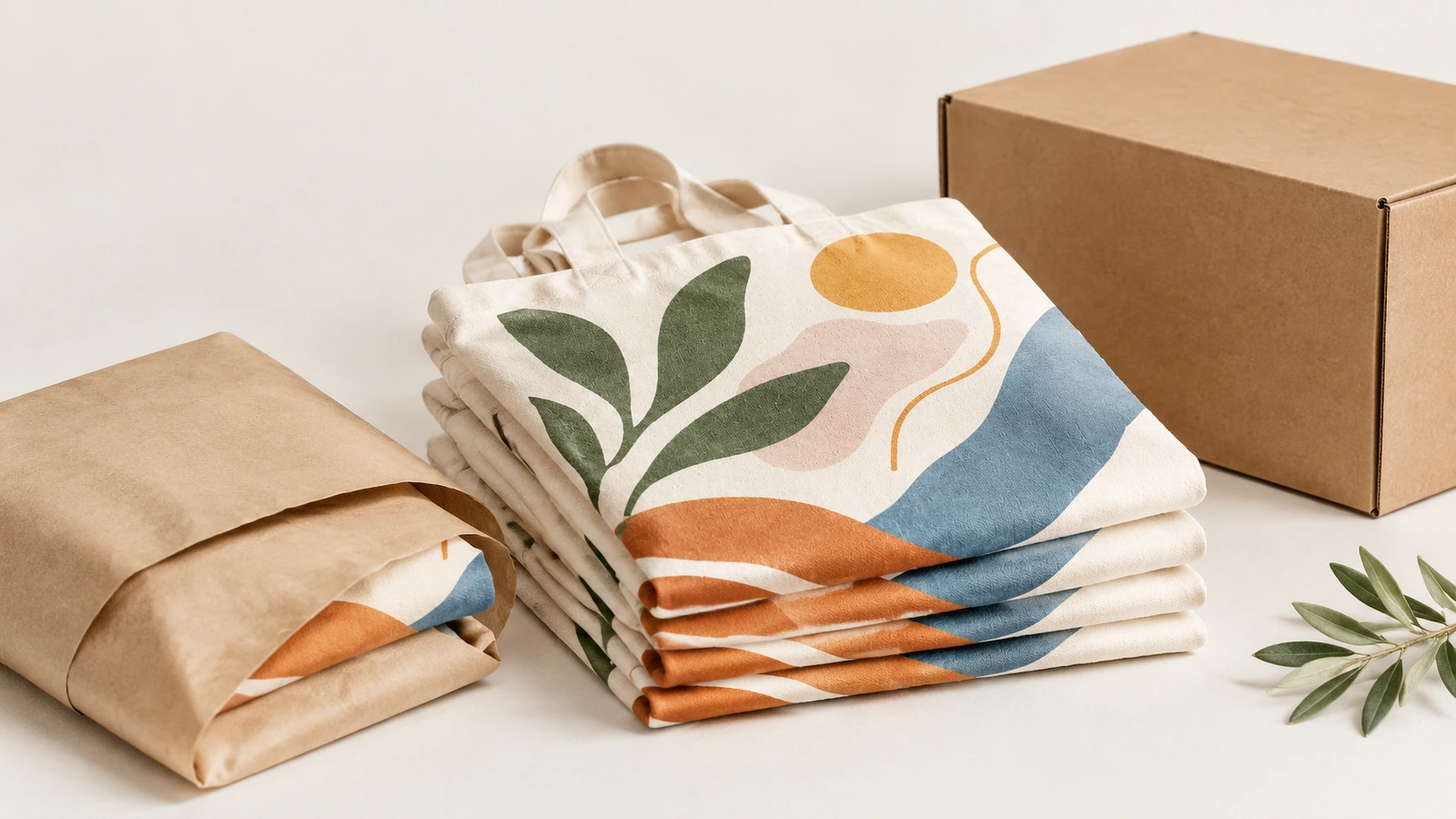 Bolsas tote de algodón estampadas y dobladas junto a una funda de papel kraft y una caja de cartón