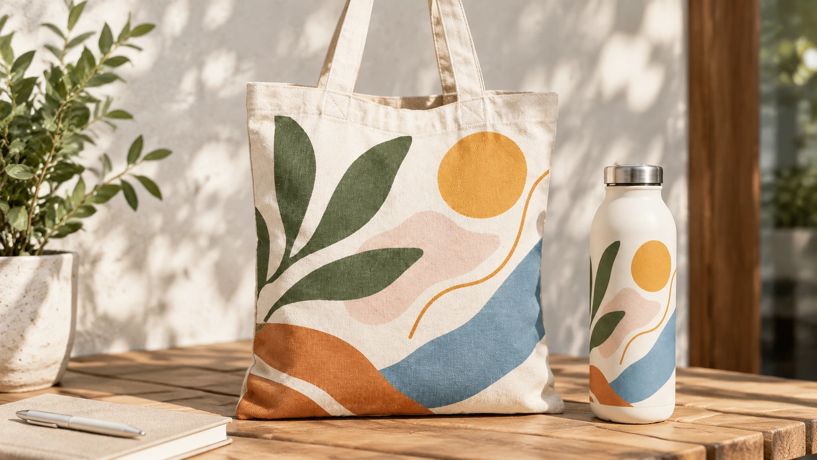 Bolsa tote de algodón estampada junto a una botella con un diseño a juego sobre una mesa de madera