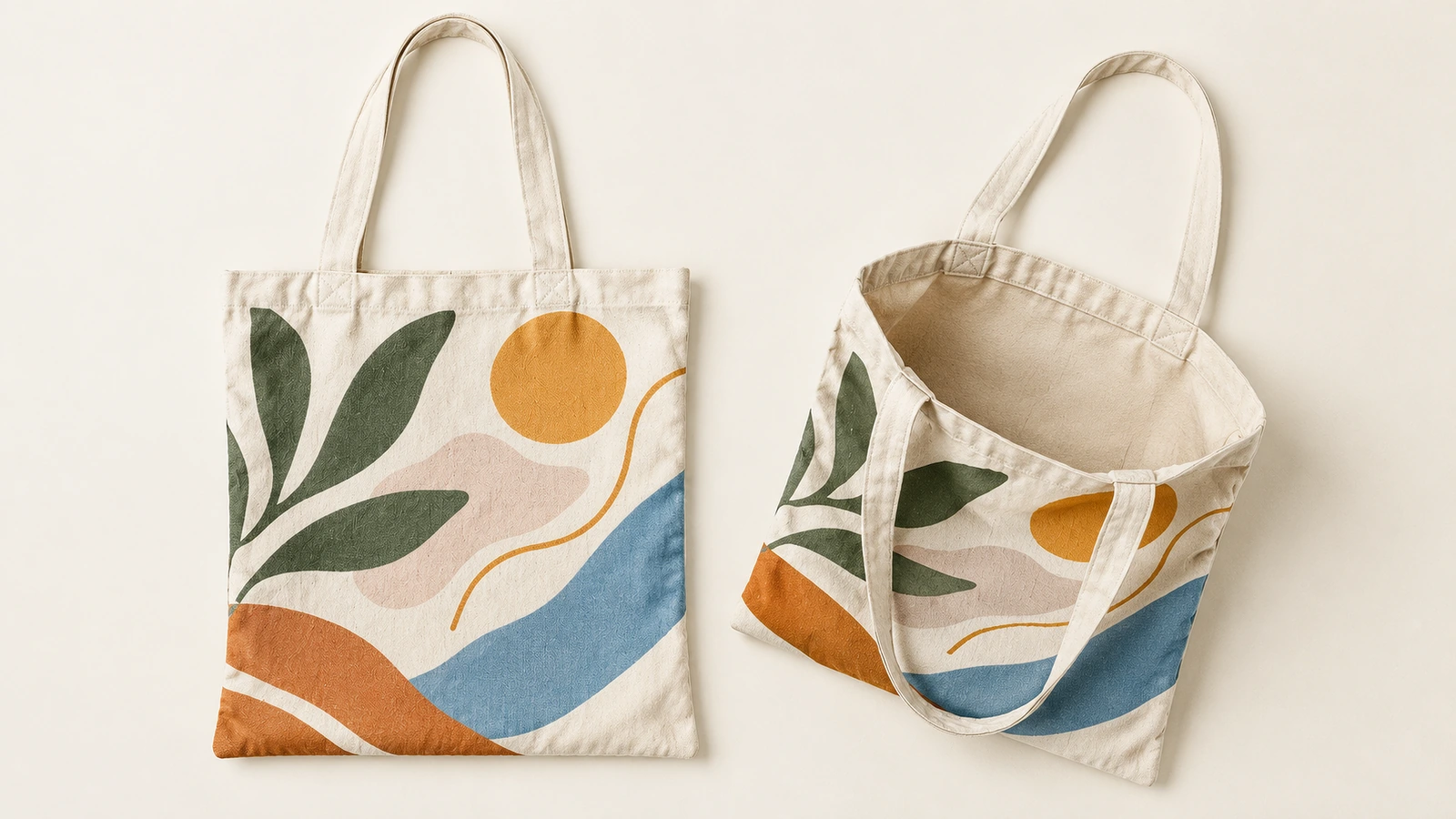Bolsas tote de algodón a juego, mostradas planas y abiertas con el interior a la vista