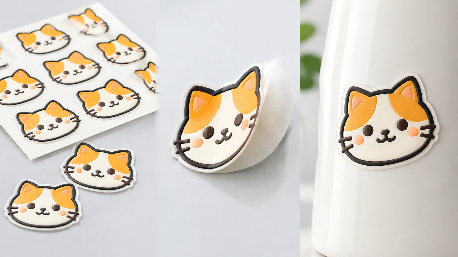 Collage de hojas de pegatinas con cara de gato, una pieza levantada y una pegatina sobre una botella blanca