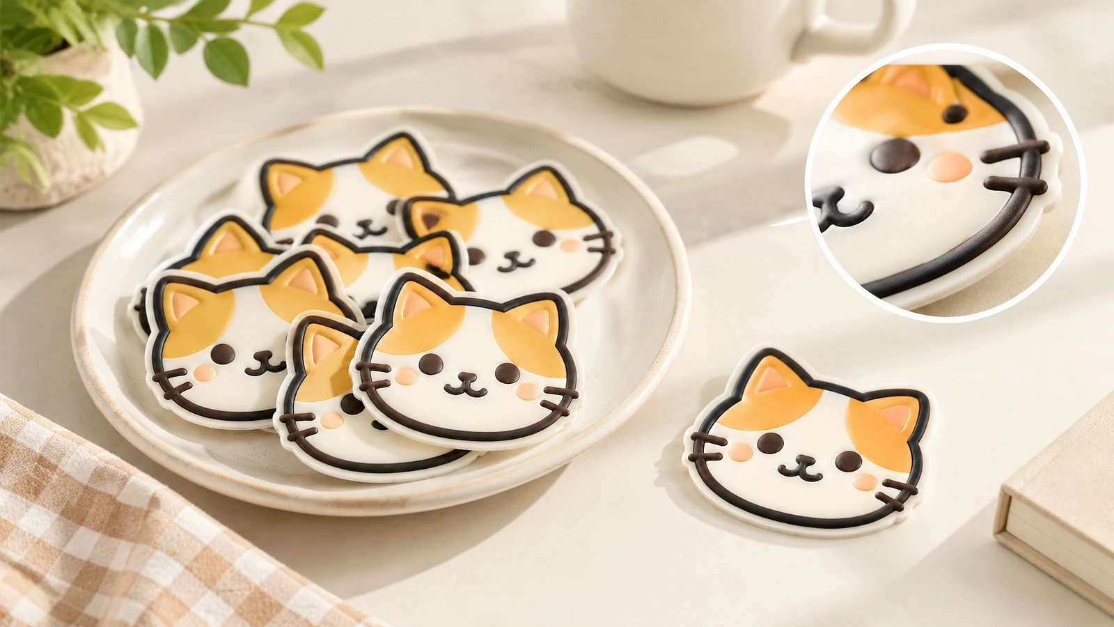 Pegatinas con cara de gato sobre un plato y una mesa, con un recuadro de detalle circular