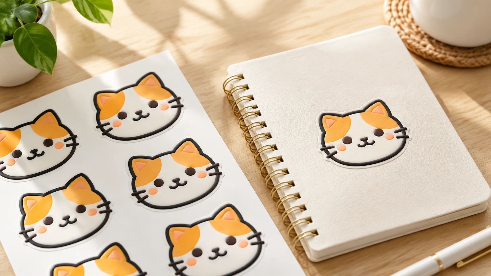 Pegatina con cara de gato sobre una libreta de espiral, junto a una hoja de pegatinas a juego
