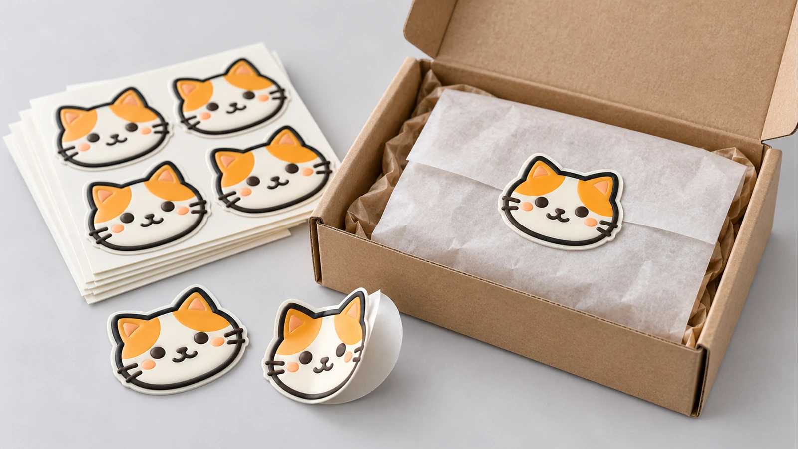 Hojas y piezas individuales de pegatinas con cara de gato junto a una caja de cartón forrada con papel de seda