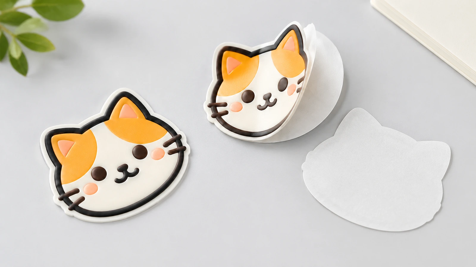 Pegatinas con cara de gato, con 1 pieza levantada sobre un soporte blanco troquelado