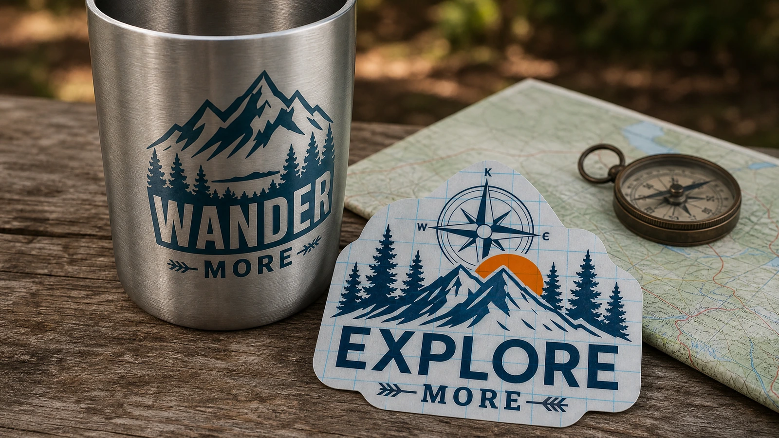 Vaso metálico con una calcomanía de montaña junto a un diseño independiente de montaña y brújula, un mapa y una brújula