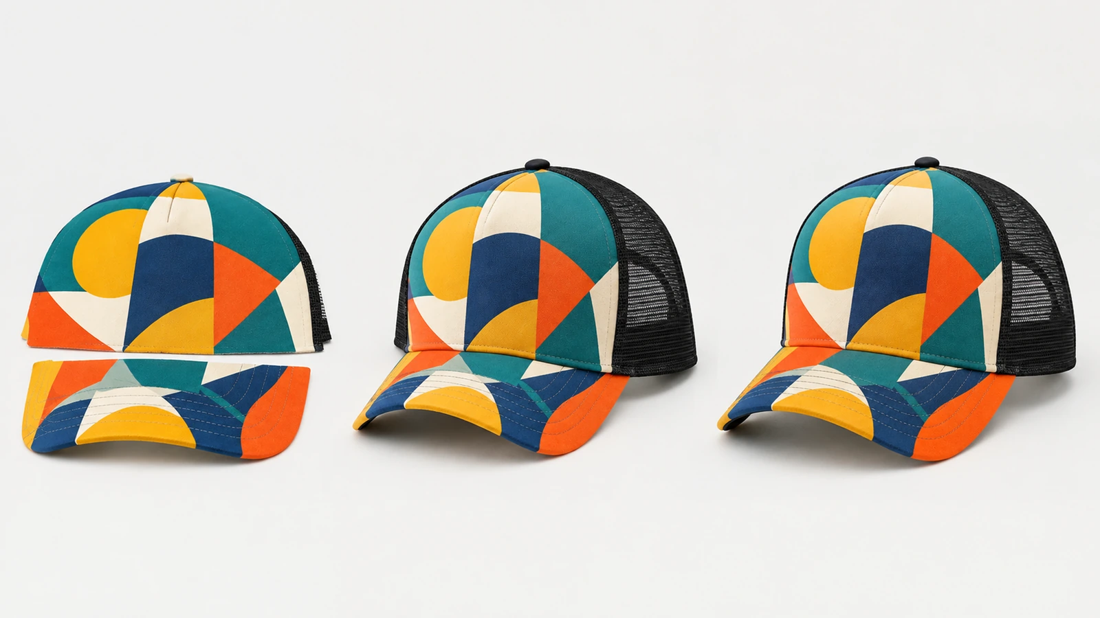 Tres etapas que muestran los paneles estampados por separado y las gorras de camionero ensambladas