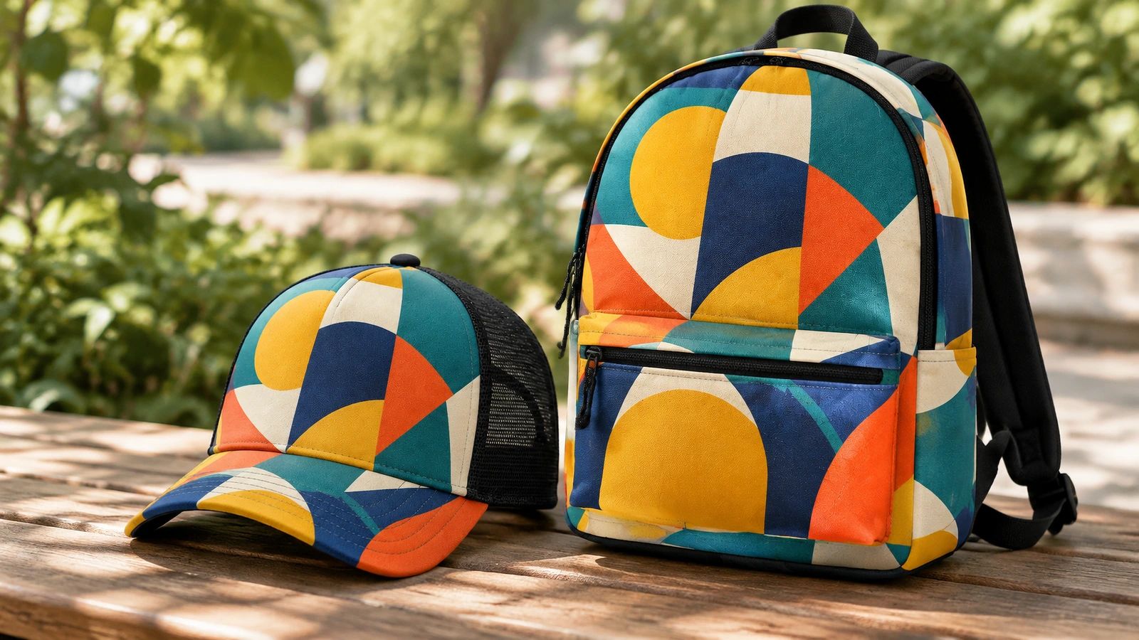 Gorra de camionero con estampado geométrico junto a una mochila a juego sobre una mesa de parque