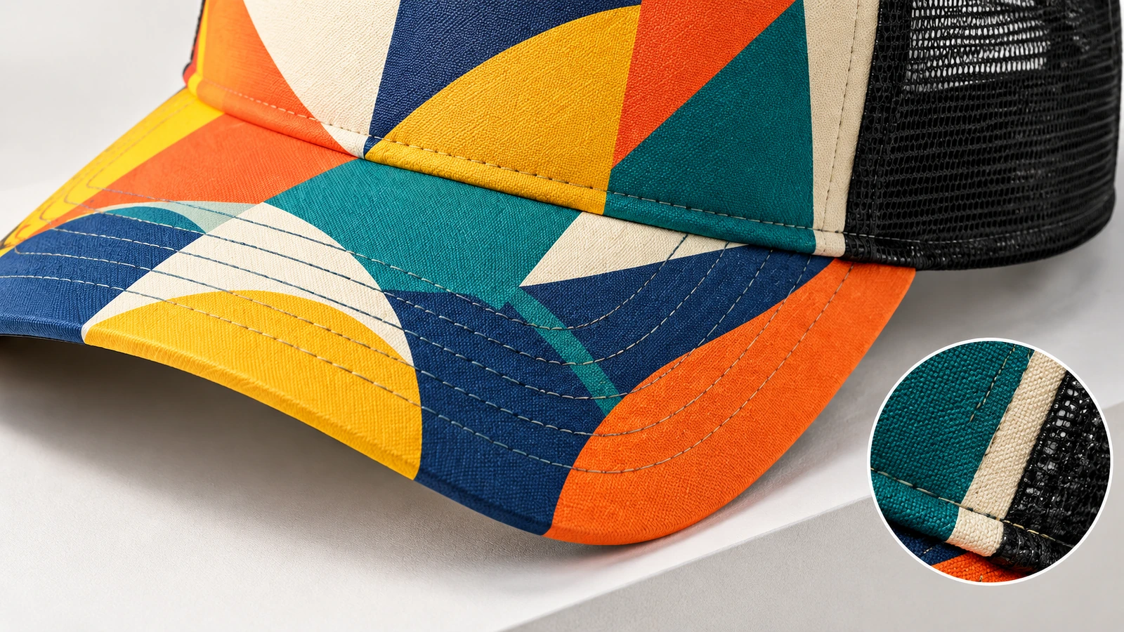 Primer plano del frente de una gorra colorida, visera curva y lateral de malla negra