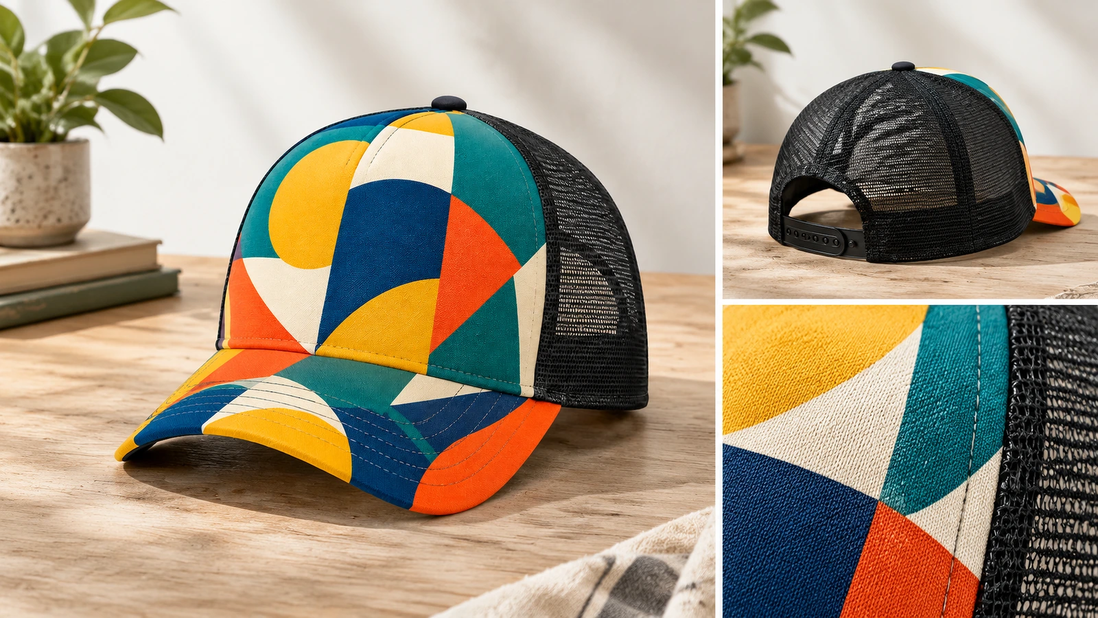 Exhibición de gorras de camionero estampadas con cierre trasero empotrado y detalles de la tela