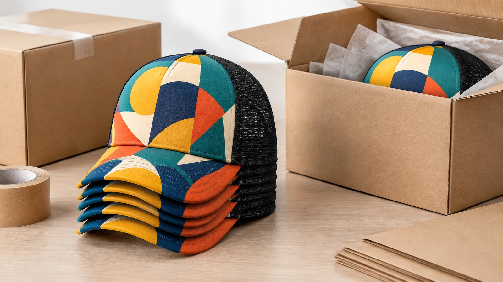 Gorras de camionero estampadas apiladas junto a cajas de envío y papel de embalaje