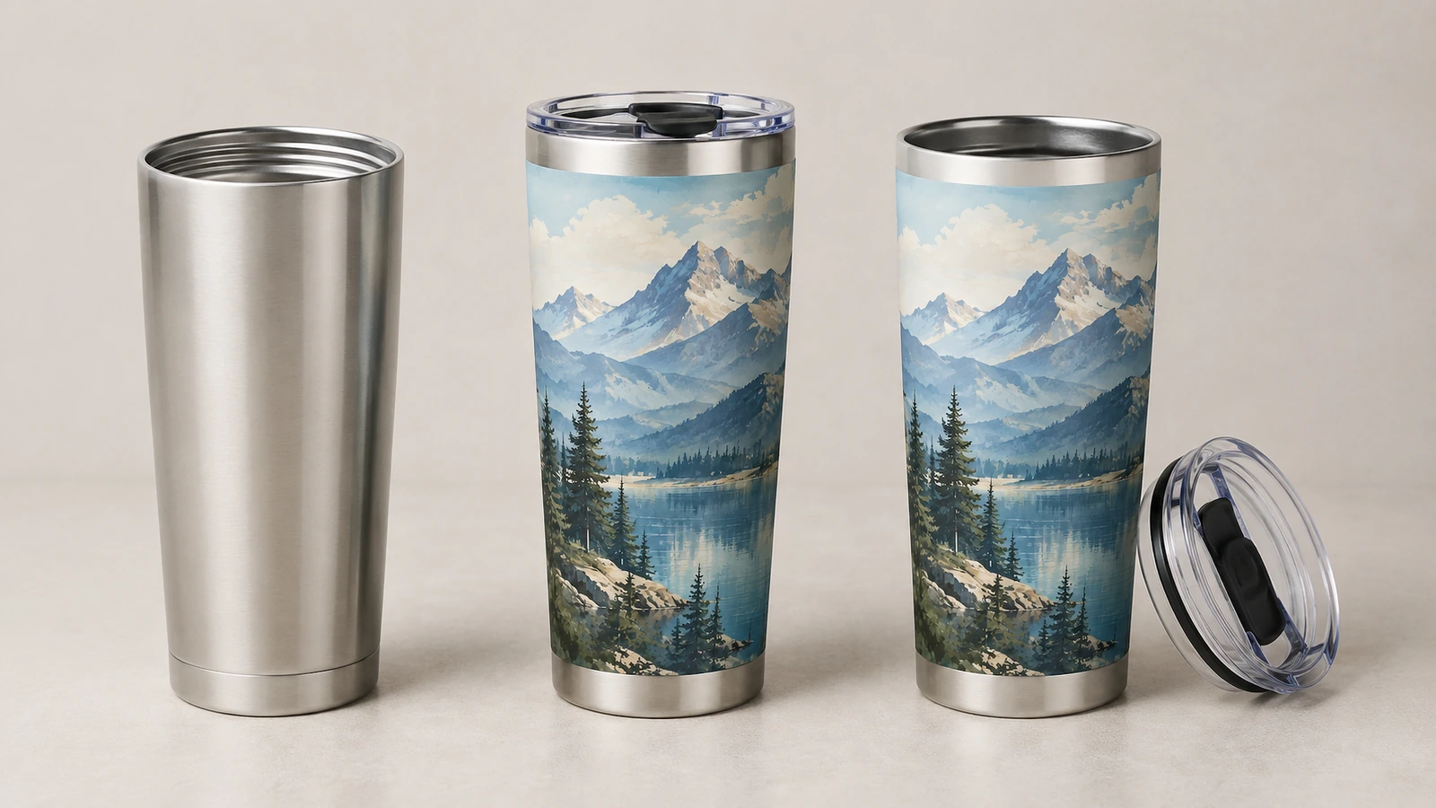 Vaso térmico liso de color acero junto a dos vasos térmicos con diseño de montaña y una tapa transparente