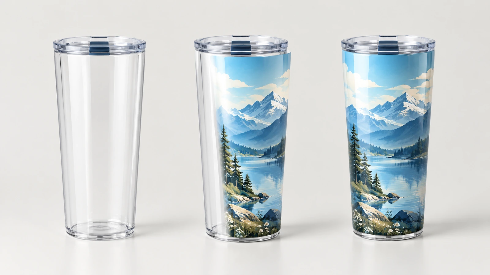 Vaso transparente liso junto a dos vasos con diseño de montaña