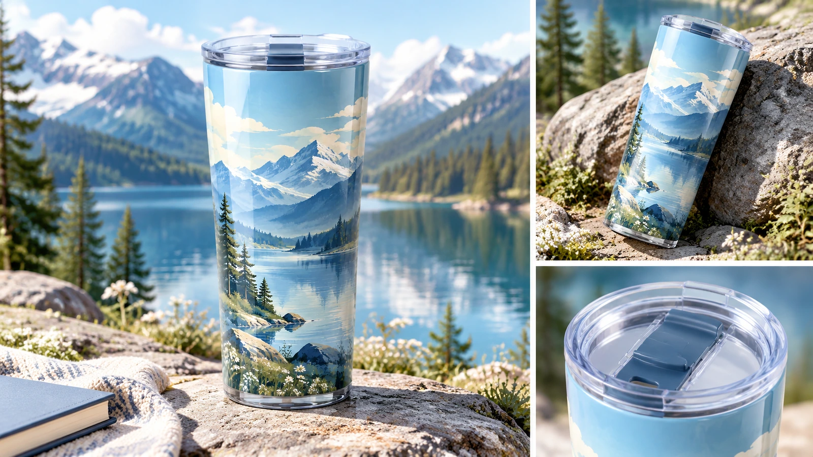 Collage de un vaso con diseño de montaña al aire libre y un primer plano de su tapa transparente