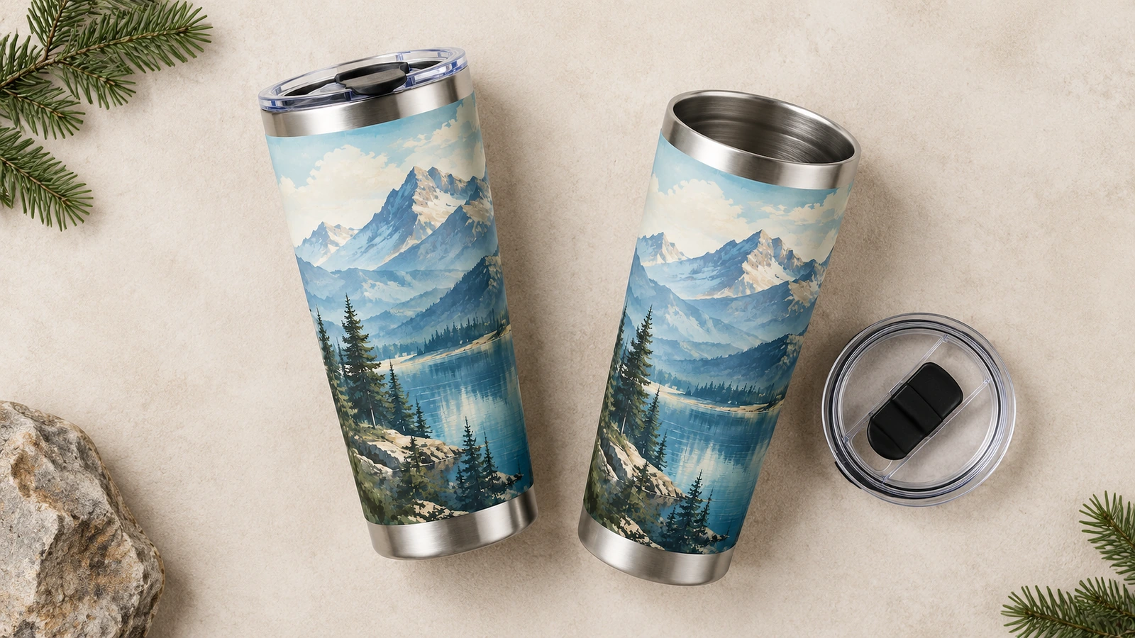 Dos vasos térmicos con diseño de montaña, uno con la tapa puesta y otra tapa junto a un vaso abierto