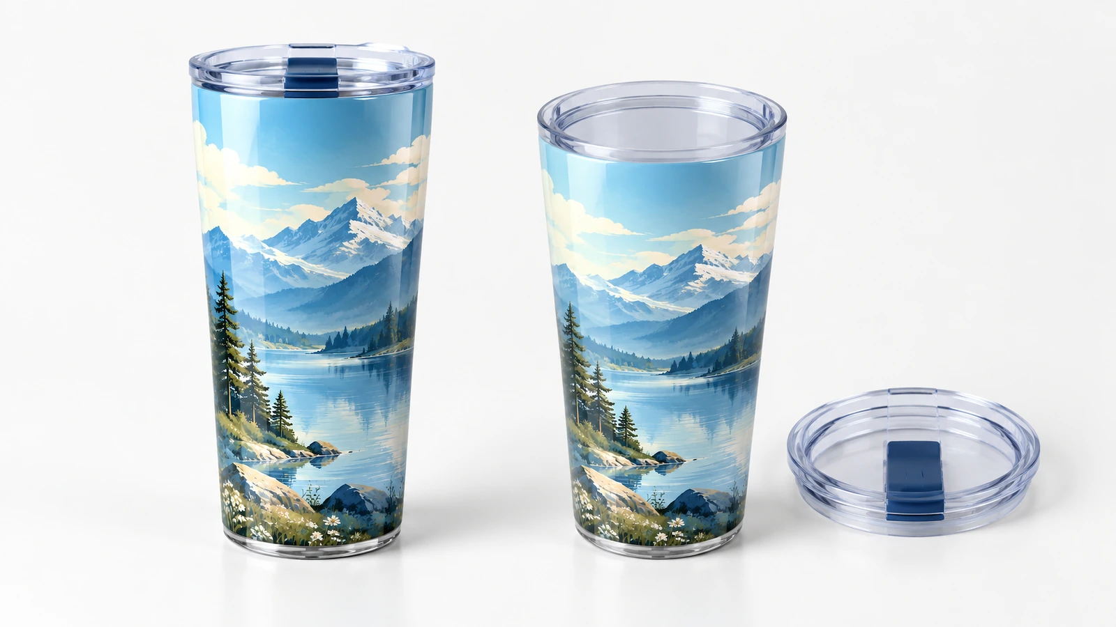 Dos vasos con diseño de montaña, uno con la tapa puesta y una tapa transparente suelta junto al otro