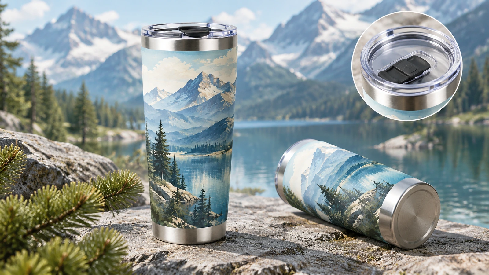 Vasos térmicos con diseño de montaña al aire libre, con un recuadro que muestra la tapa transparente para beber