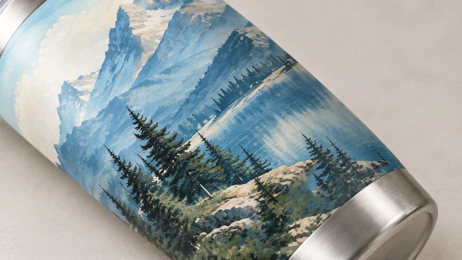 Primer plano de un arte con montaña azul y lago en un vaso térmico con base de color acero