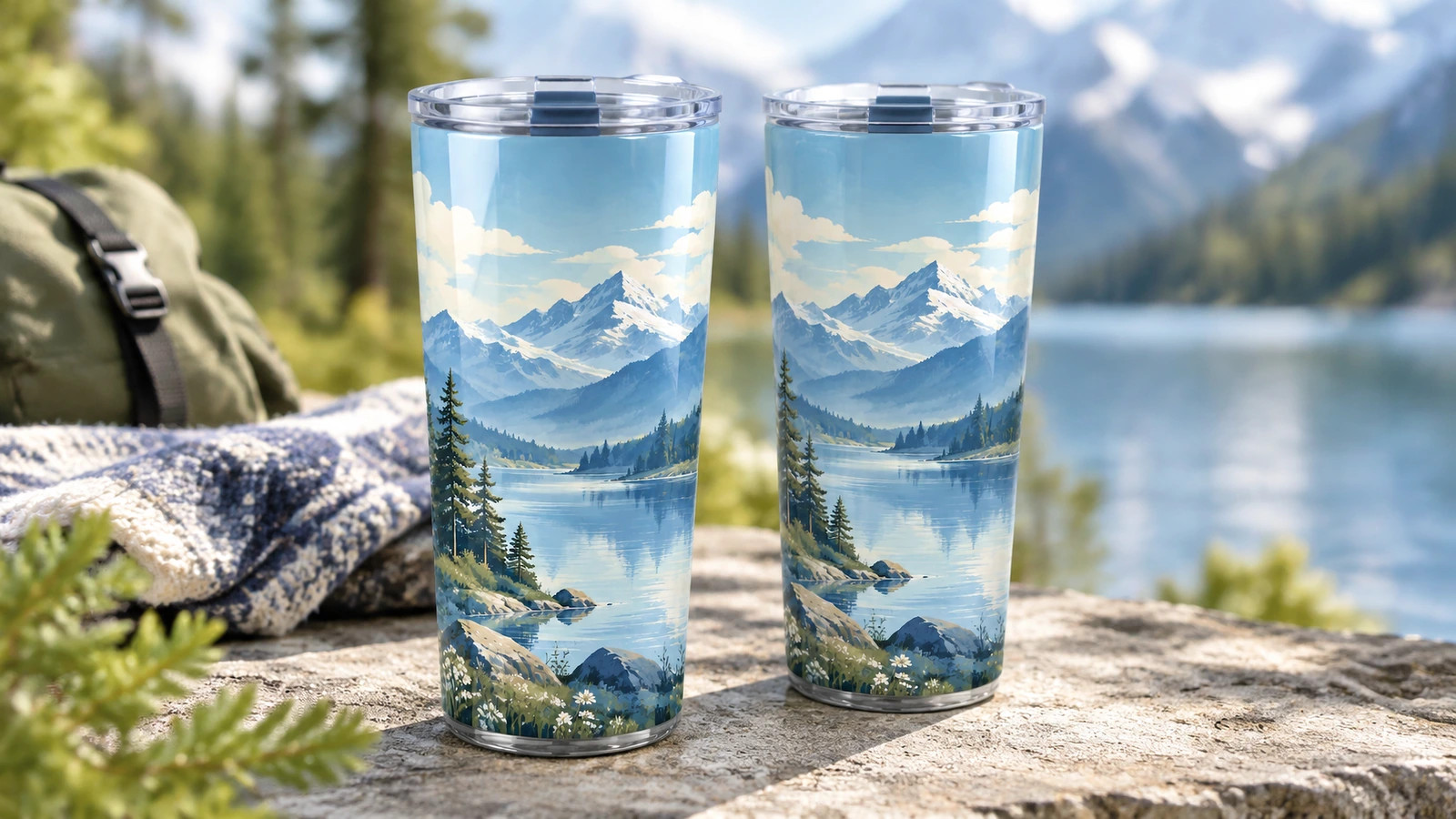 Dos vasos con diseño de montaña sobre una roca junto a un lago y una mochila
