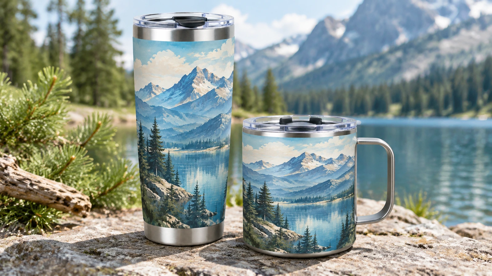 Vaso térmico alto con diseño de montaña y taza con asa junto a un lago