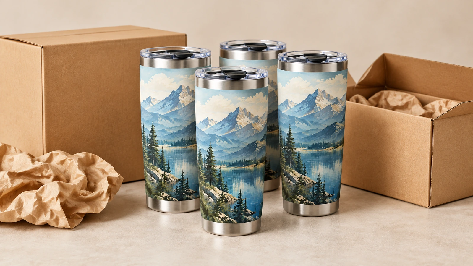 Cuatro vasos térmicos con diseño de montaña junto a cajas de cartón y papel de embalaje arrugado