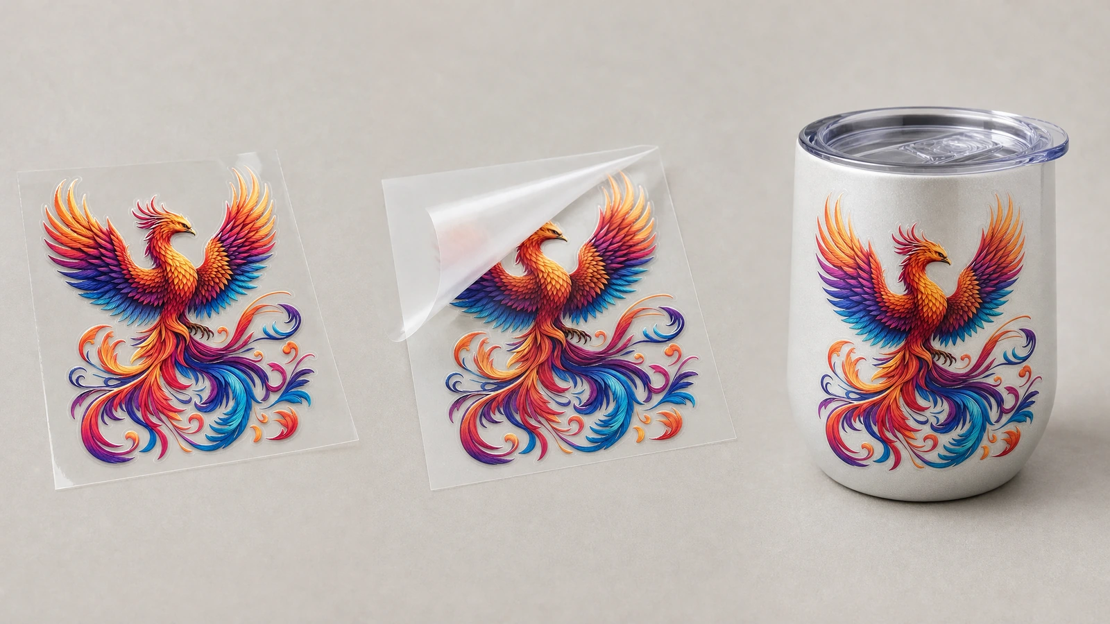 Calcomanía de fénix sobre una lámina transparente, un soporte parcialmente levantado y el diseño a juego sobre un vaso blanco