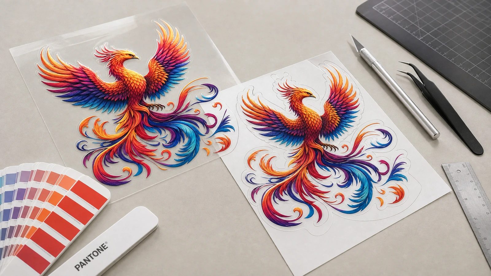 Dos diseños de calcomanías de fénix de colores junto a un abanico de muestras de color, una regla y herramientas de manualidades