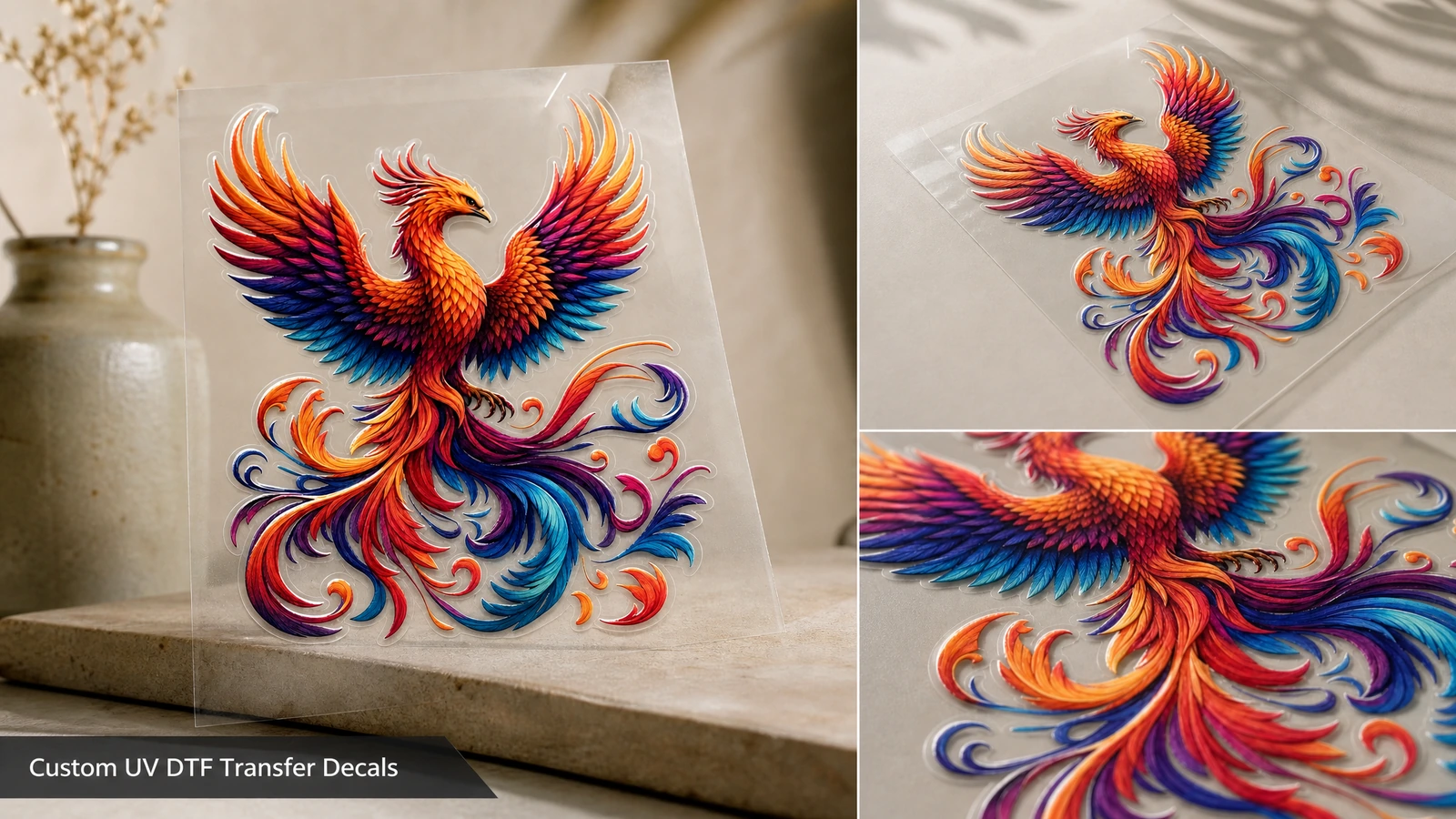 Collage de una calcomanía de fénix sobre un panel transparente con vistas de detalle de sus colores y bordes