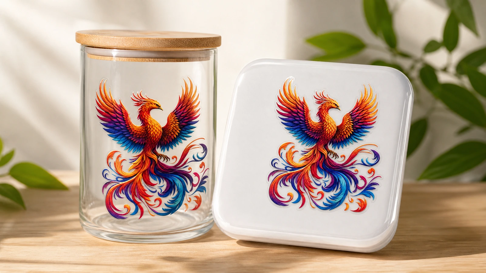 Calcomanías de fénix a juego sobre un frasco de vidrio transparente y un plato cuadrado blanco