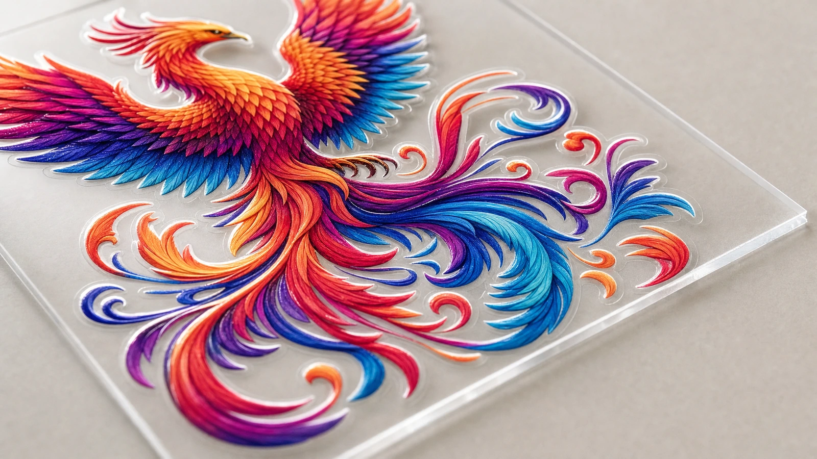 Primer plano de una calcomanía de fénix multicolor con bordes de aspecto elevado sobre un panel transparente