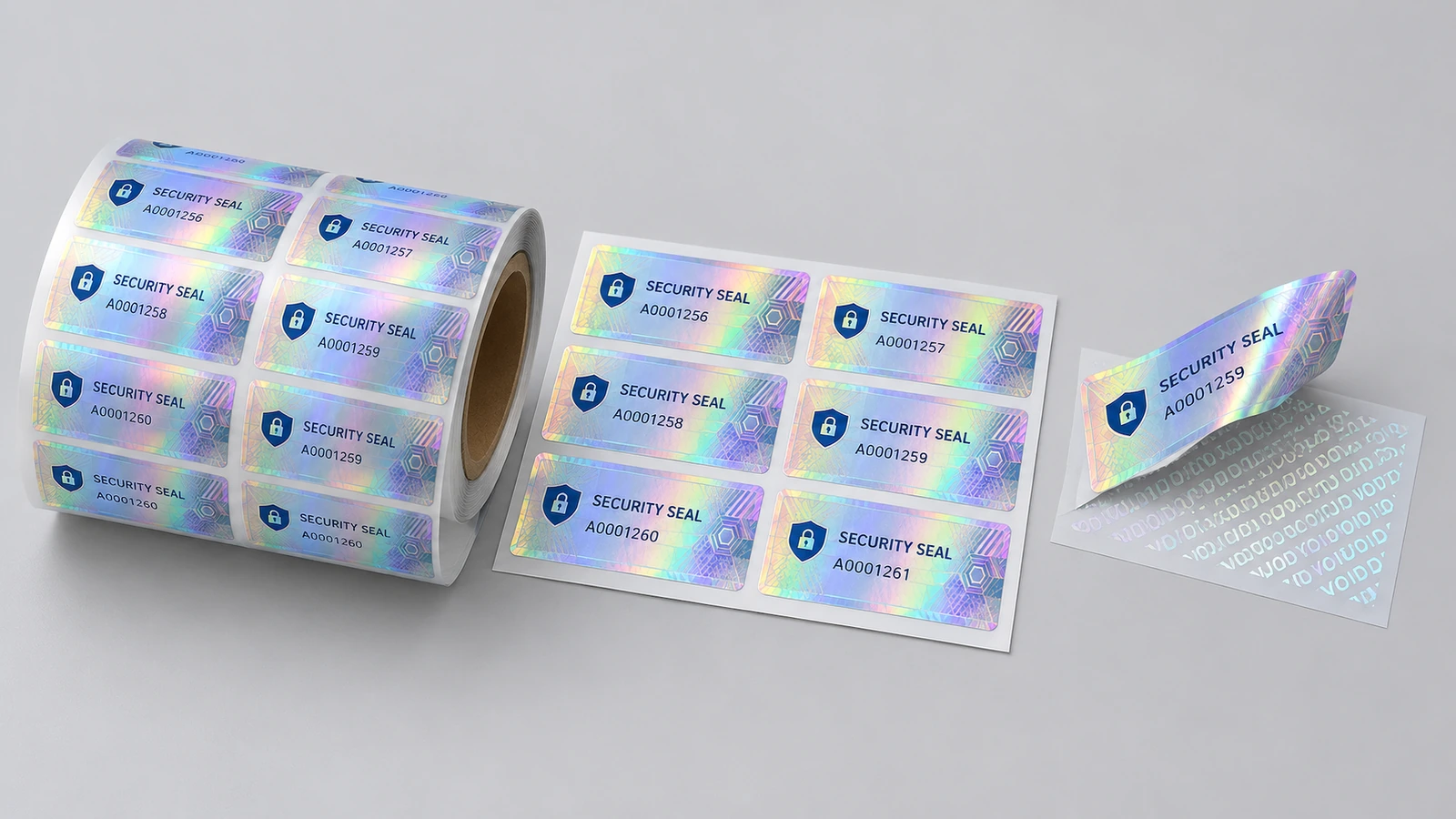 Bobinas y una hoja de etiquetas de seguridad holográficas junto a una etiqueta levantada que revela un patrón VOID