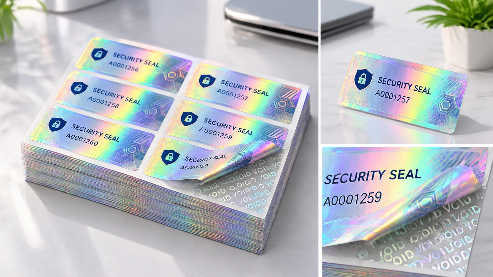 Collage de hojas de etiquetas de seguridad holográficas, una etiqueta individual numerada y un primer plano de una esquina despegada con VOID