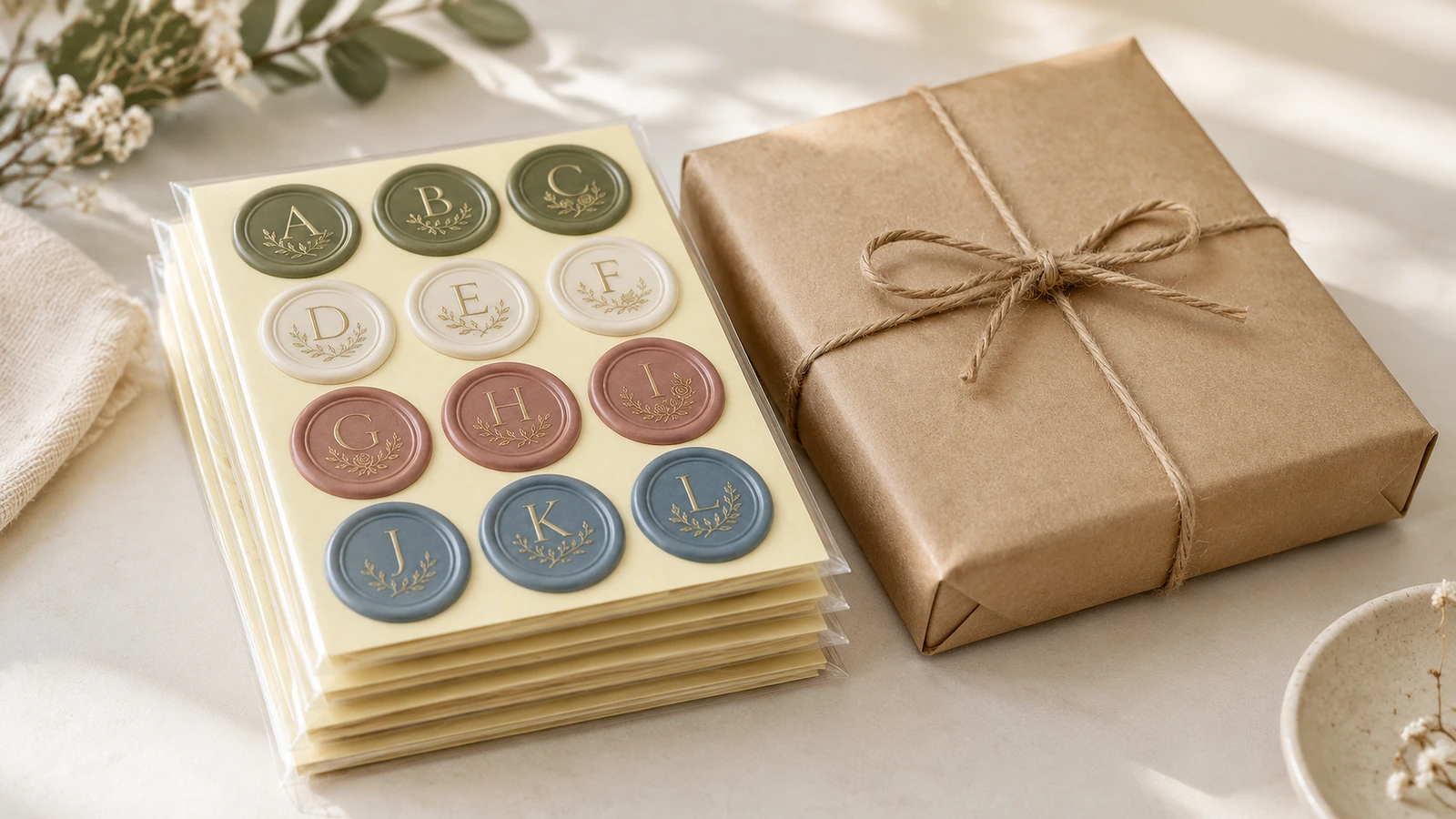 Hojas apiladas de sellos multicolor con monograma junto a un regalo envuelto en papel kraft y atado con cordel