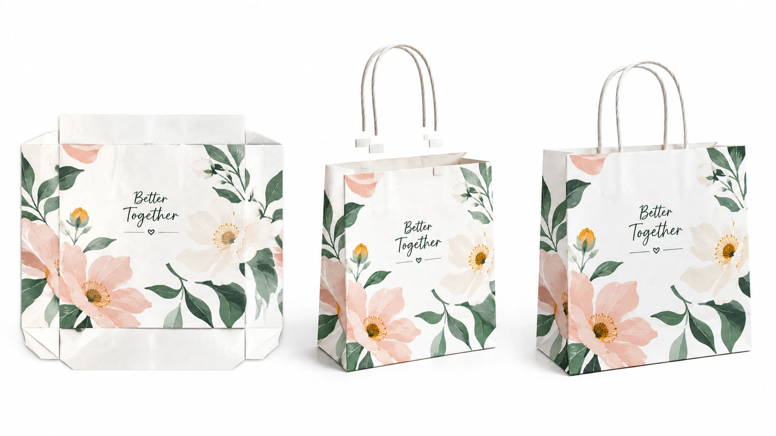 Bolsa de papel blanca con motivos florales mostrada sin asas como cuerpo y como dos bolsas terminadas