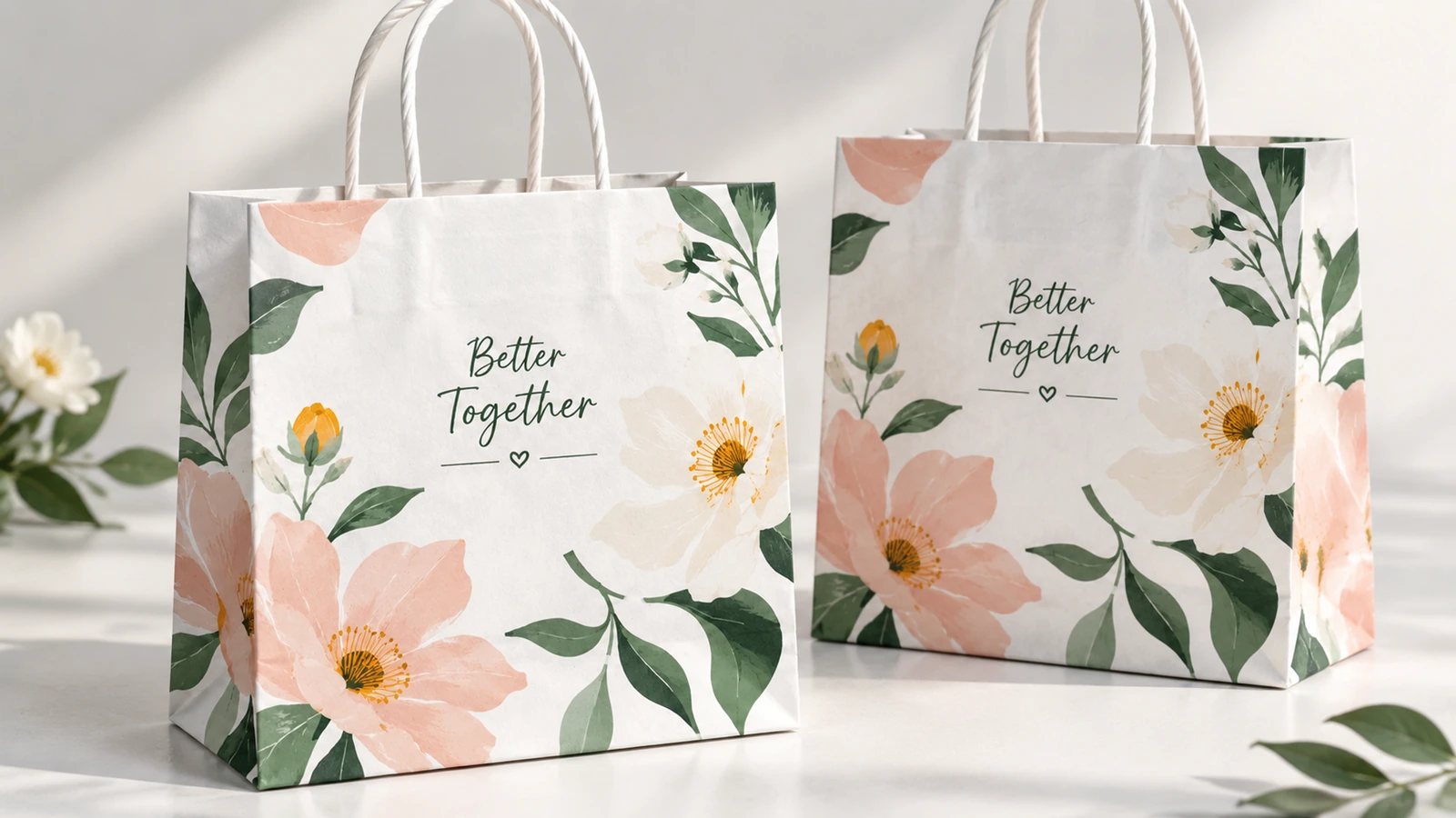 Dos bolsas de papel blancas con motivos florales y asas retorcidas sobre una mesa