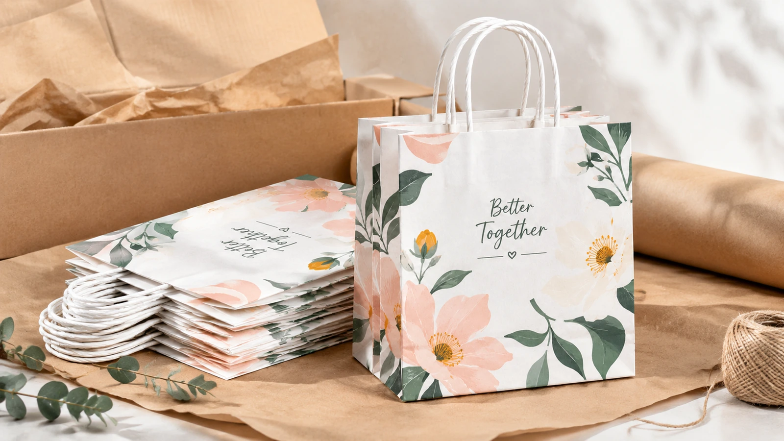 Bolsa de papel con motivos florales en posición vertical y bolsas planas apiladas junto a una caja de cartón abierta