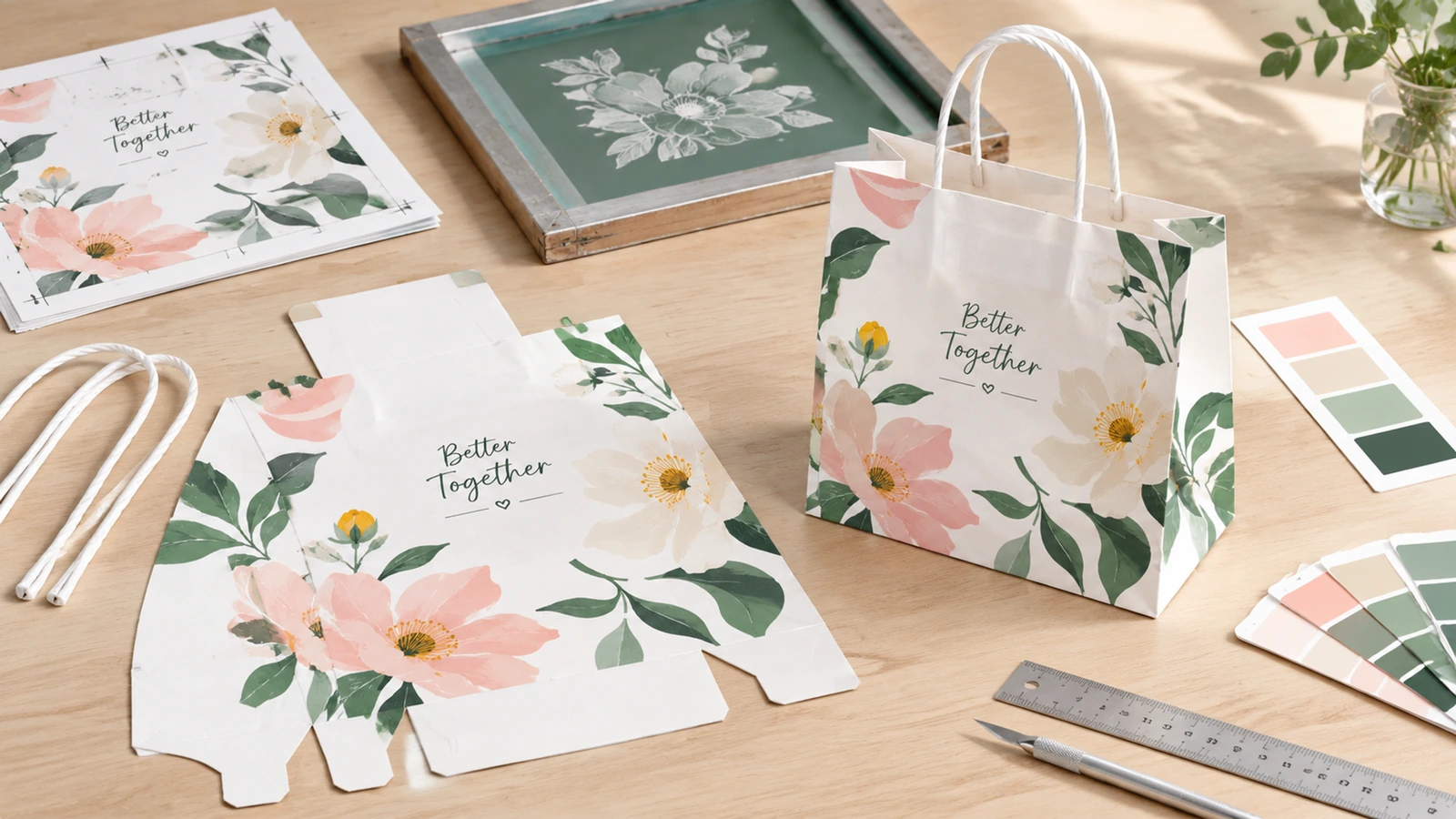 Bolsa de papel blanca con motivos florales, componentes impresos planos, asas de repuesto, muestras de color y una regla