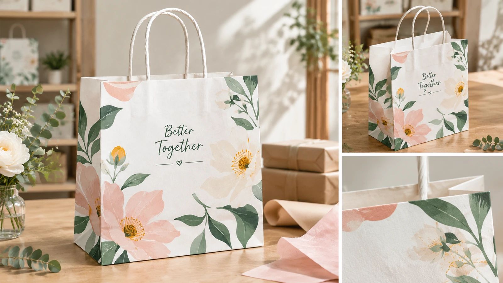 Bolsa de papel blanca con motivos florales, con primeros planos del fuelle lateral y del borde superior
