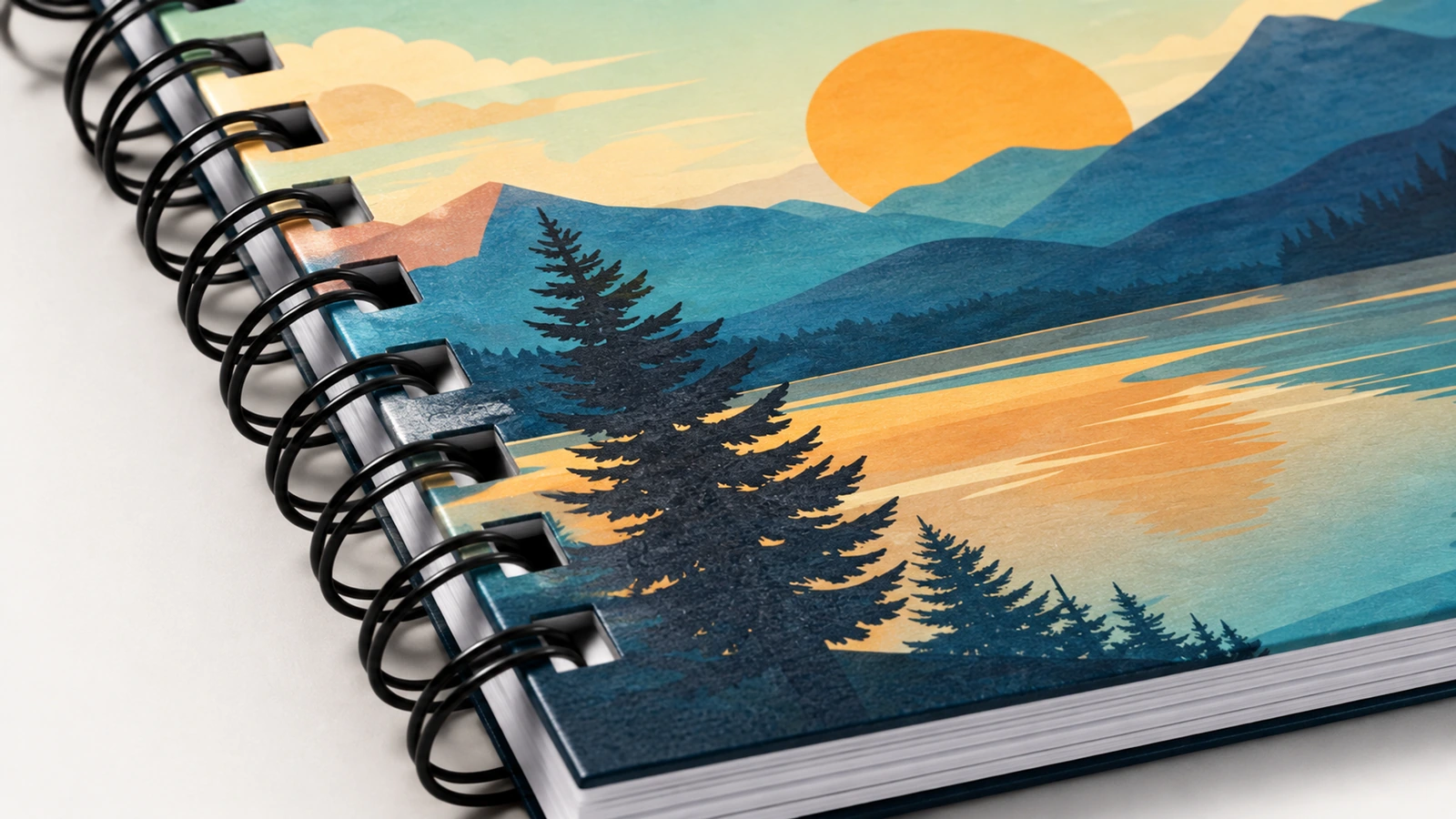 Detalle de la encuadernación del cuaderno y de la portada impresa Concepto en primer plano de la encuadernación de un cuaderno negro, el arte de la portada apaisada y los cantos de las hojas