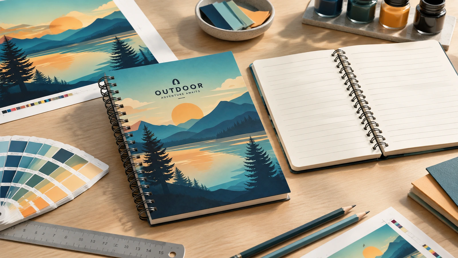 Concepto de portada de cuaderno e interior rayado Concepto de cuaderno con portada apaisada y cuaderno rayado abierto junto a arte gráfico, muestras de color y herramientas de dibujo